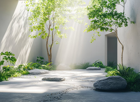 Sunlight streams gently through the leaves of young trees in a serene courtyard. Smooth stones and lush green plants create a peaceful atmosphere enhancing the minimalist architecture.の素材