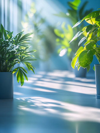 Gentle rays of sunlight shine through lush green leaves illuminating various indoor plants in stylish pots. The tranquil atmosphere invites relaxation and harmony within the space.の素材