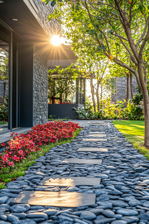 A serene pathway lined with smooth stones and vibrant flowers leads through a lush garden. Sunlight filters through trees creating a warm and inviting atmosphere in the late afternoon.の素材