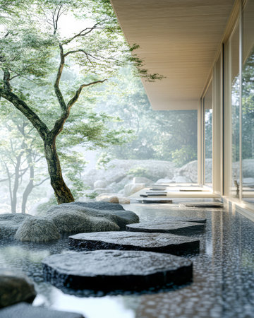 A peaceful garden path features large stone steps set across a calm water surface surrounded by lush greenery and trees. Natural light filters through the serene atmosphere.の素材