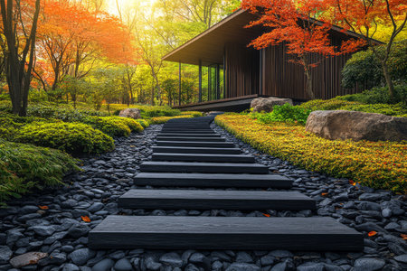 A serene pathway of dark wooden steps winds through a lush garden filled with vibrant fall colors. The modern structure stands peacefully against the tranquil backdrop of nature.の素材