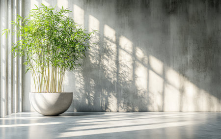 A spacious room features a large bamboo plant in a simple pot basking in warm sunlight. Shadows from the slatted windows create a calming atmosphere enhancing the natural beauty.の素材