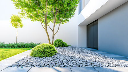 A well-maintained rock garden blends with fresh greenery. The minimalist design includes smooth stones a small tree and neatly trimmed shrubs creating a serene outdoor space in daylight.の素材
