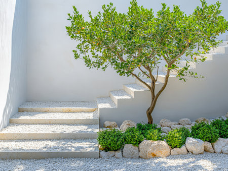 A serene outdoor setting showcases a staircase made of light-colored stone surrounded by white gravel and lush green plants. A tree adds natural beauty under the bright sun.の素材