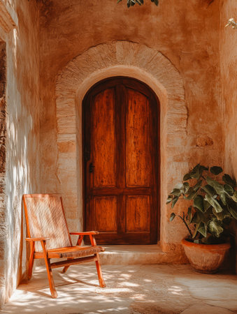 A charming entrance showcases a large wooden door framed by stone walls. A natural wooden chair rests invitingly beside a potted plant bathed in warm sunlight.の素材