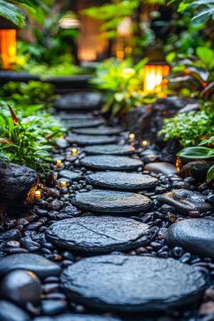 A serene garden pathway made of stone slabs leads through vibrant greenery softly lit by lanterns that enhance the tranquil atmosphere during the evening.の素材