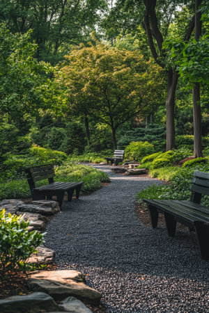 A tranquil pathway winds through a park bordered by vibrant bushes and trees. Wooden benches invite visitors to relax and enjoy the peaceful surroundings in the late afternoon light.の素材