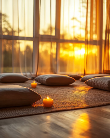 Soft cushions arranged on a woven mat while candles flicker gently. Warm sunset light filters through sheer curtains creating a peaceful and inviting atmosphere for relaxation.の素材