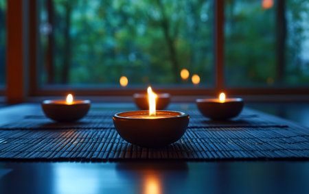 Candles burn gently in clay bowls casting flickering light across a wooden surface. The tranquil atmosphere is enhanced by a lush green backdrop visible through large windows.の素材