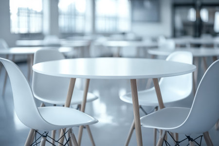 Bright indoor space features a sleek white table surrounded by modern chairs creating an inviting atmosphere for social gatherings or meetings. The minimalist design enhances the openness.の素材