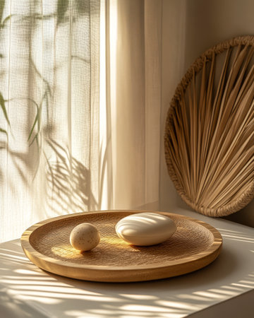 Soft sunlight pours through sheer curtains illuminating a wooden tray with two eggs. A woven wall decor piece adds texture creating a serene and minimalist atmosphere.の素材