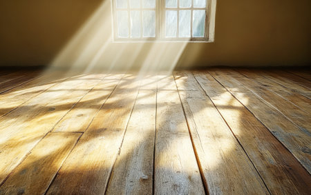 Sunlight filters through an open window casting soft beams onto a polished wooden floor. The warm light creates a serene atmosphere in the tranquil indoor space.の素材