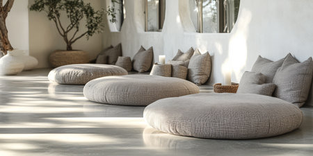 Comfortable round cushions are arranged in a modern lounge illuminated by soft natural light. Plants add warmth to the serene atmosphere creating an inviting space for relaxation.の素材