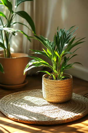 Two beautiful indoor plants bask in sunlight one in a woven pot and the other in a ceramic container. They are positioned on a textured mat enhancing the tranquil ambiance of the room.の素材