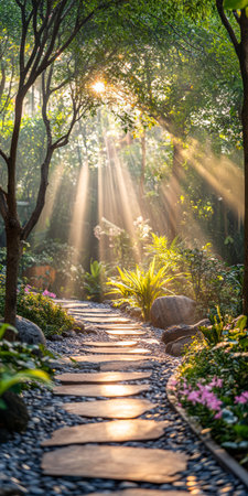 Sunlight filters through trees casting rays onto a peaceful garden path. The scene features vibrant plants stones and flowers creating a tranquil atmosphere for a leisurely stroll.の素材