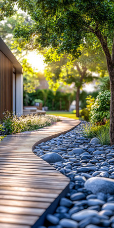 A wooden pathway curves along smooth stones in a tranquil garden. Sunlight filters through lush trees creating a peaceful atmosphere filled with blooming plants and greenery.の素材