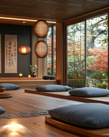 A serene room features soft blue cushions arranged on wooden floors with a large window showcasing vibrant autumn foliage. Soft lighting enhances the calming atmosphere.の素材