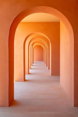 A series of elegantly designed arches in warm orange hues creates a tranquil passageway. The light floods the space enhancing the clean lines and inviting atmosphere.の素材