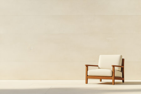 A wooden chair with light fabric cushions is positioned in front of a smooth pale wall. Natural light creates a serene atmosphere highlighting the minimalist design.の素材