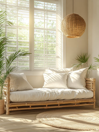 Sunlight streams through large windows illuminating a cozy living area with a simple bamboo sofa. Soft cushions and decorative plants create a warm inviting atmosphere filled with tranquility.の素材