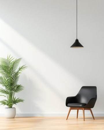 A modern living space showcases a sleek black chair paired with a pendant light. Sunlight filters in illuminating the room and complementing the green plant nearby creating a serene ambiance.の素材
