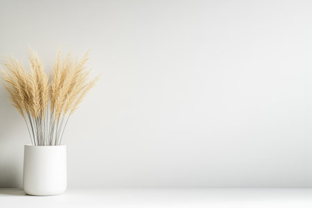 A white vase holds tall dried grass creating a serene accent piece. The arrangement is set against a soft neutral backdrop enriching a calm and modern atmosphere in any space.の素材