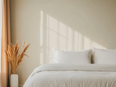 Soft sunlight filters through sheer curtains illuminating a serene bedroom. A neatly made bed with white bedding contrasts against a neutral wall complemented by a decorative plant in a vase.の素材