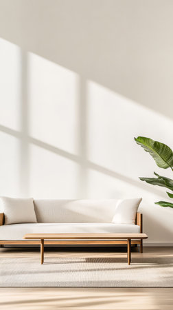 A bright and inviting living room features a simple sofa and a wooden coffee table. Sunlight streams through windows casting shadows on the floor while a leafy plant adds a touch of nature.の素材