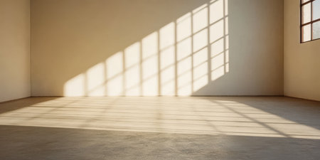 Bright sunlight casts long shadows across an empty room with bare concrete flooring. Large windows invite natural light reflecting a serene atmosphere in the late afternoon.の素材