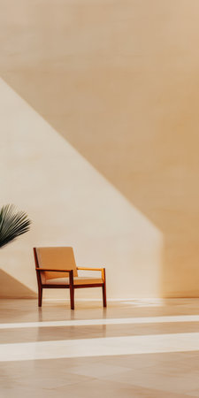 A cozy minimalist interior showcases a simple wooden chair positioned near a lush green plant. Soft sunlight streams through casting shadows on the warm-toned floor.の素材