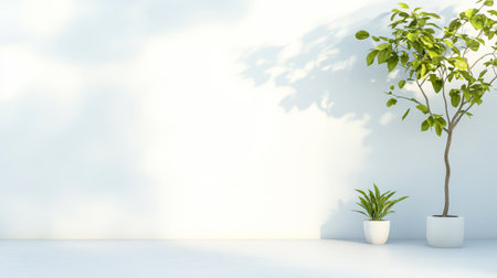An indoor setting features a tall potted plant next to a smaller plant both against a bright white wall. Sunlight casts gentle shadows enhancing the airy atmosphere of the room.の素材