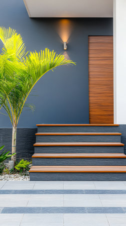 Brightly lit entrance showcases stylish wooden steps leading to a wooden door framed by lush greenery and modern landscaping. The setting sun enhances the calm atmosphere.の素材