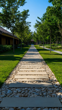 A beautifully designed pathway made of smooth stones leads through a serene garden filled with lush trees under a clear blue sky. This peaceful location invites relaxation and reflection.の素材