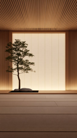 A serene indoor setting featuring a bonsai tree beside smooth stones illuminated by warm light from a large window. The minimalist design enhances the peaceful atmosphere.の素材