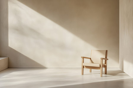 A simple wooden chair sits in a bright modern room illuminated by sunlight streaming in. The walls are neutrally colored enhancing the minimalist aesthetic creating a calm atmosphere.の素材