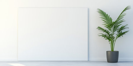 A bright and airy room features a large blank canvas leaning against a white wall beside a green potted plant. Sunlight fills the space creating a minimalist atmosphere.の素材