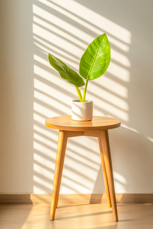 A potted plant with large green leaves sits on a wooden table illuminated by sunlight. The shadows from the window blinds create interesting patterns on the wall enhancing the peaceful ambiance.の素材