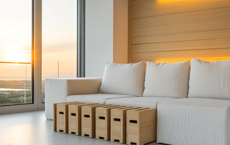 A spacious living room features a large white sofa and wooden storage boxes. Large windows reveal a stunning sunset over the cityscape creating a serene atmosphere.の素材