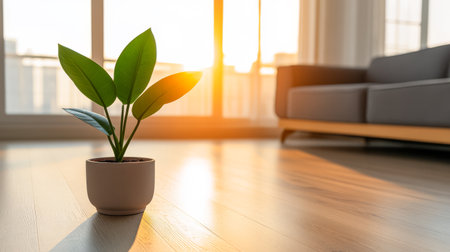 A vibrant green potted plant sits on the polished wooden floor of a contemporary living room illuminated by warm sunlight streaming through large windows. A stylish sofa is visible nearby.の素材