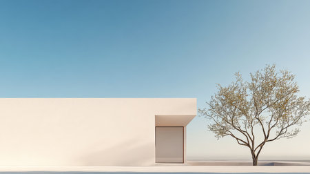 A sleek modern building with a simple design stands against a clear blue sky. A solitary tree adds a touch of nature to the serene environment showcasing harmony between structure and landscape.の素材