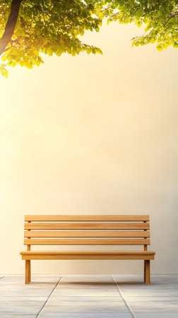 A wooden bench sits alone in a peaceful outdoor area surrounded by lush green tree branches bathed in warm golden light. The clean simple backdrop enhances the tranquil atmosphere.の素材