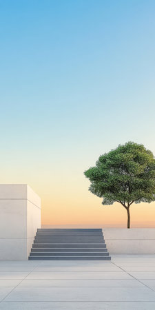 A minimalist architectural setting showcases concrete stairs leading to a platform complemented by a single leafy tree and a gentle gradient in the evening sky.の素材