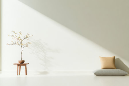 A serene interior features a small wooden table with a potted tree soft natural light streaming through a window and a cushion in a peaceful corner inviting relaxation.の素材