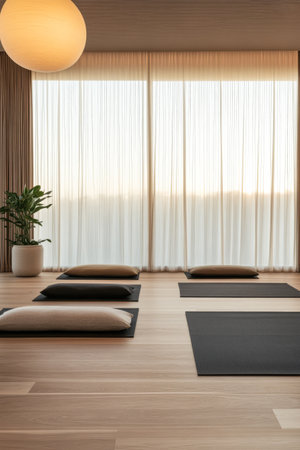 A tranquil meditation area features several cushions and yoga mats arranged on a wooden floor. Soft natural light filters through sheer curtains creating a calming atmosphere.の素材