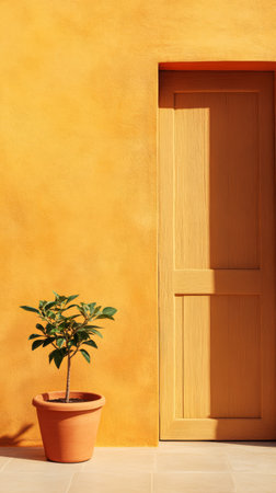 A bright yellow wall frames a wooden door enhancing the vibrant atmosphere. A small green plant in a terracotta pot adds a touch of life to the calm exterior setting.の素材