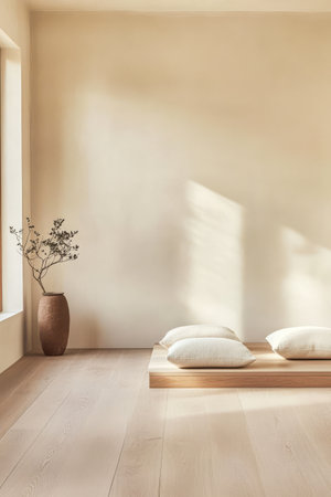A cozy room with warm wooden flooring features a low wooden platform with soft cushions. A vase with a small branch adorns the corner complemented by gentle sunlight illuminating the space.の素材