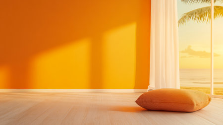 A cozy indoor space features a vibrant orange wall and a large floor cushion. Sunlight streams through white curtains highlighting the view of a tranquil ocean at sunset.の素材