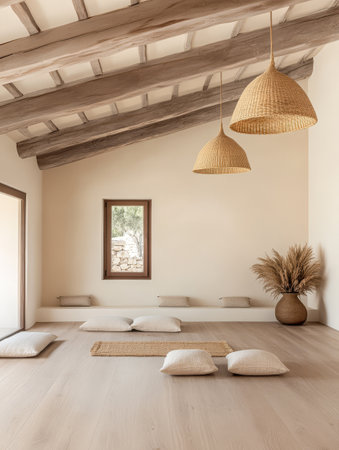 Soft cushions arranged on a light wooden floor create a calming atmosphere.の素材