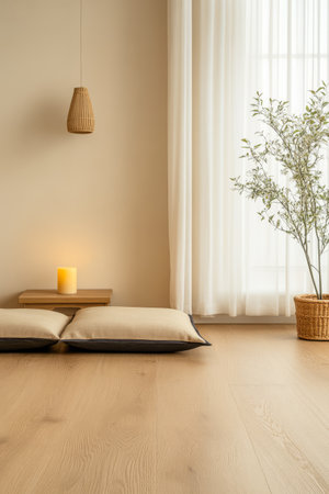 Soft neutral tones fill the room where cushions rest on a wooden floor. A gentle glow from a candle complements the gentle light filtering through sheer curtains alongside a decorative plant.の素材