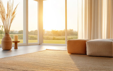 Soft light fills a tranquil room designed with natural elements. A plush rug decorative cushions and a stylish planter create a cozy atmosphere for relaxation and harmony.の素材
